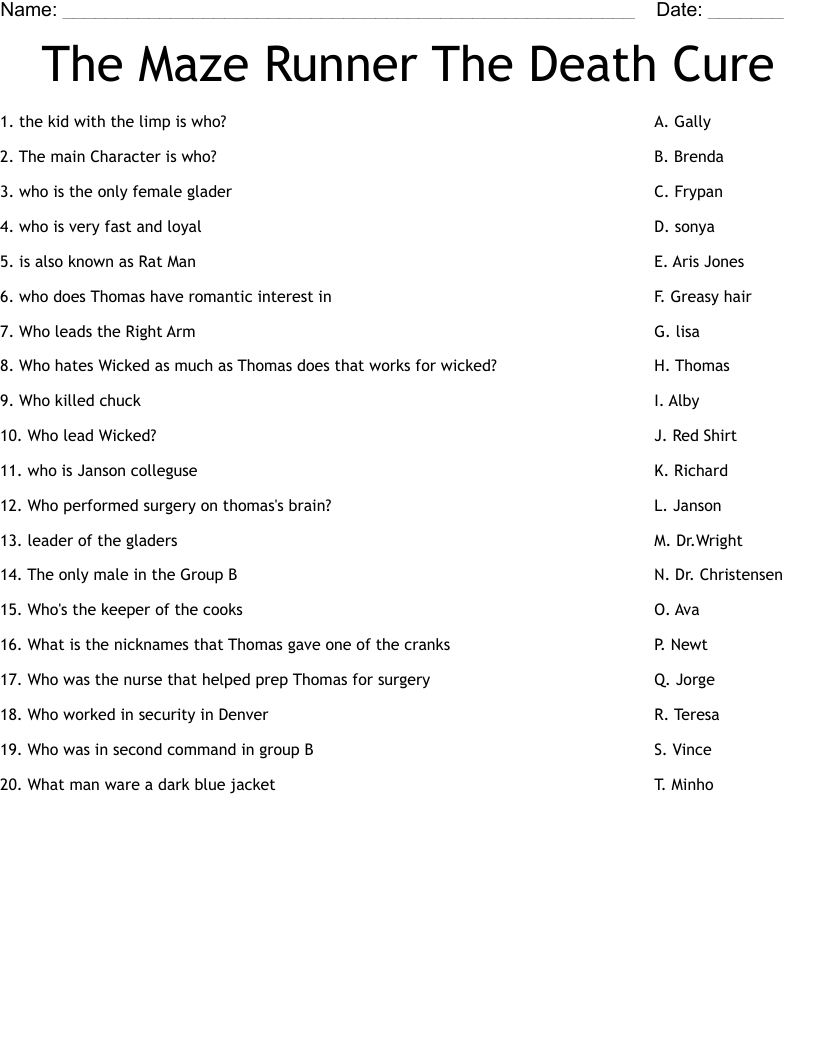 The Maze Runner The Death Cure Worksheet WordMint