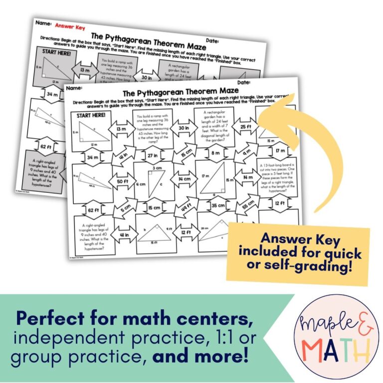 The Pythagorean Theorem Printable Maze Activity Worksheet 8th