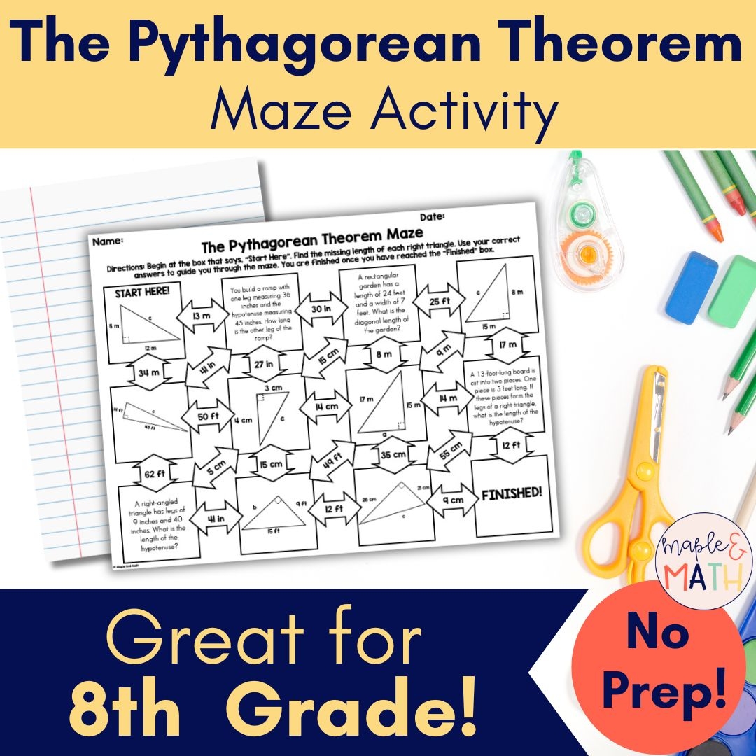 The Pythagorean Theorem Printable Maze Activity Worksheet 8th 