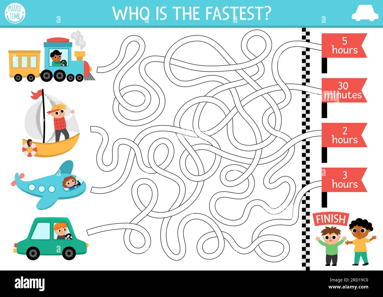 Transportation Maze For Kids With Car Train Boat Plane And Time 