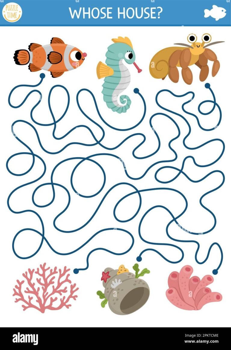 Under The Sea Maze For Kids With Clown Fish Seahorse Hermit Crab And Their Houses Ocean Preschool Printable Activity With Corals Sea Anemone Shel Stock Vector Image U0026 Art Alamy