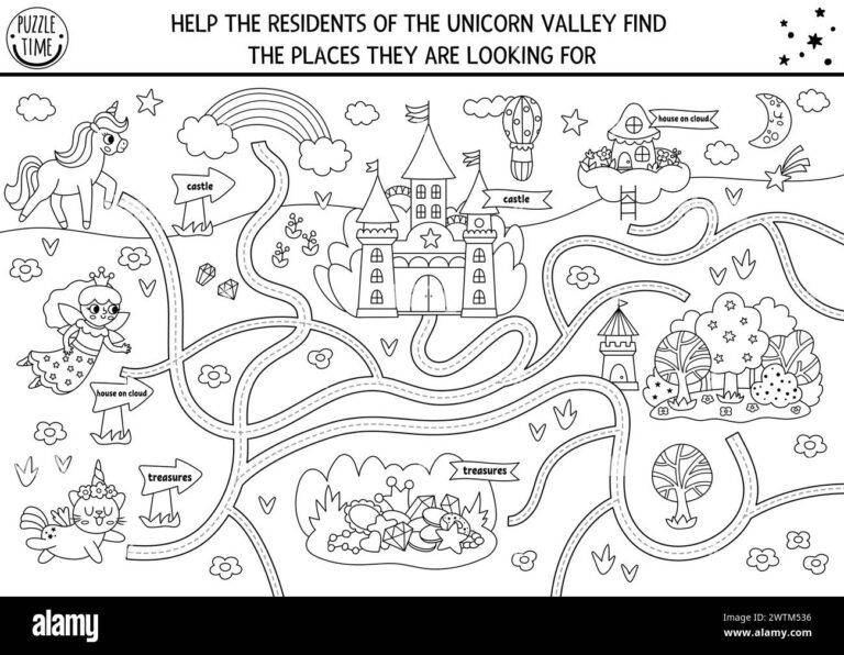 Vector Handwriting And Maze Worksheet With Unicorn Fairy Cat Looking For Their Homes Fantasy Printable Black And White Tracing Activity For Kids M Stock Vector Image U0026 Art Alamy