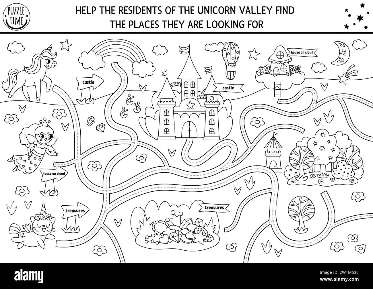 Vector Handwriting And Maze Worksheet With Unicorn Fairy Cat Looking For Their Homes Fantasy Printable Black And White Tracing Activity For Kids M Stock Vector Image U0026 Art Alamy