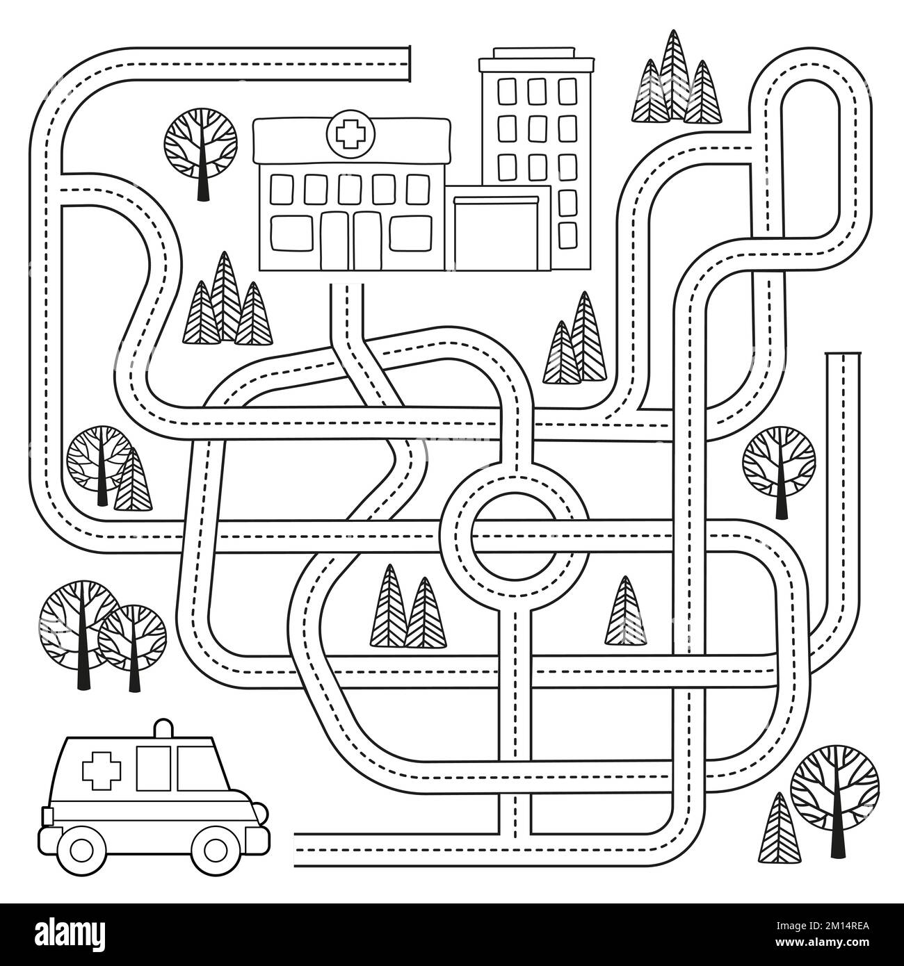 Vector Maze Game For Kids With Vehicles And Tangled Road 