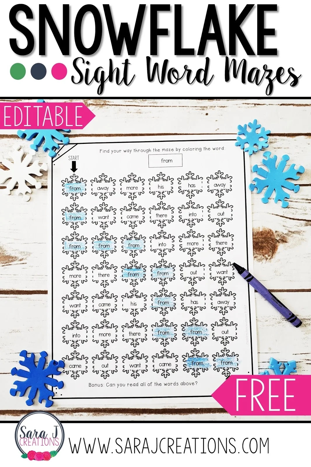 Winter Snowflake EDITABLE Sight Word Mazes Sara J Creations