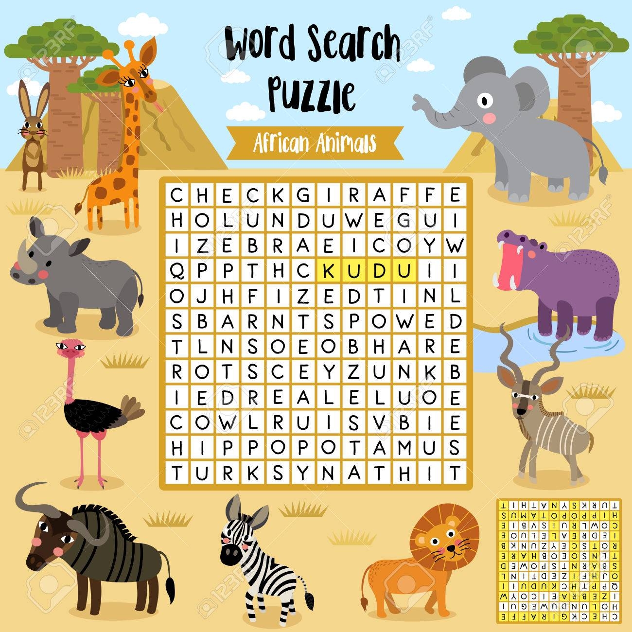 Words Search Puzzle Game Of African Animals For Preschool Kids Activity Worksheet Layout In A4 Colorful Printable Version Vector Illustration Royalty Free SVG Cliparts Vectors And Stock Illustration Image 75960303 