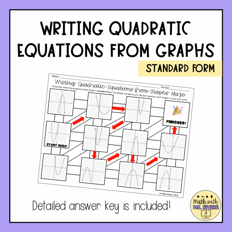 Writing Quadratic Equations From Graphs In Standard Form Maze Worksheet