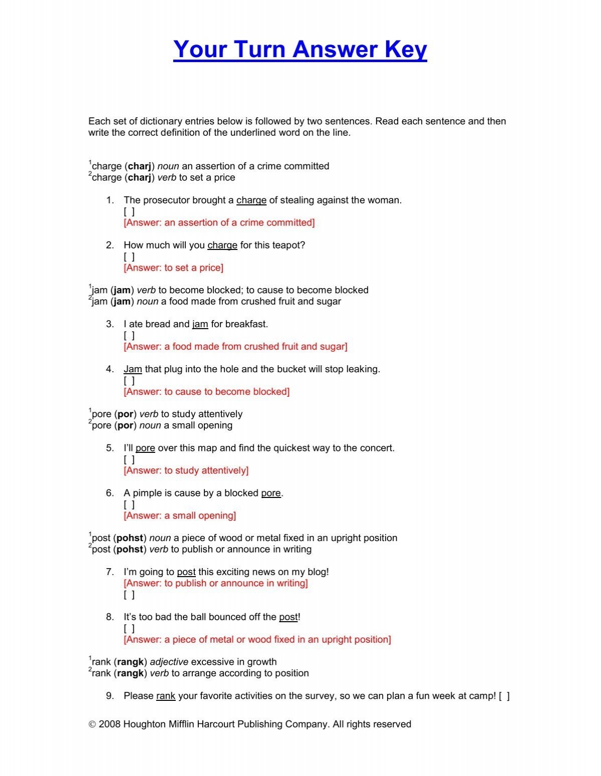 Your Turn Answer Key Houghton Mifflin Harcourt